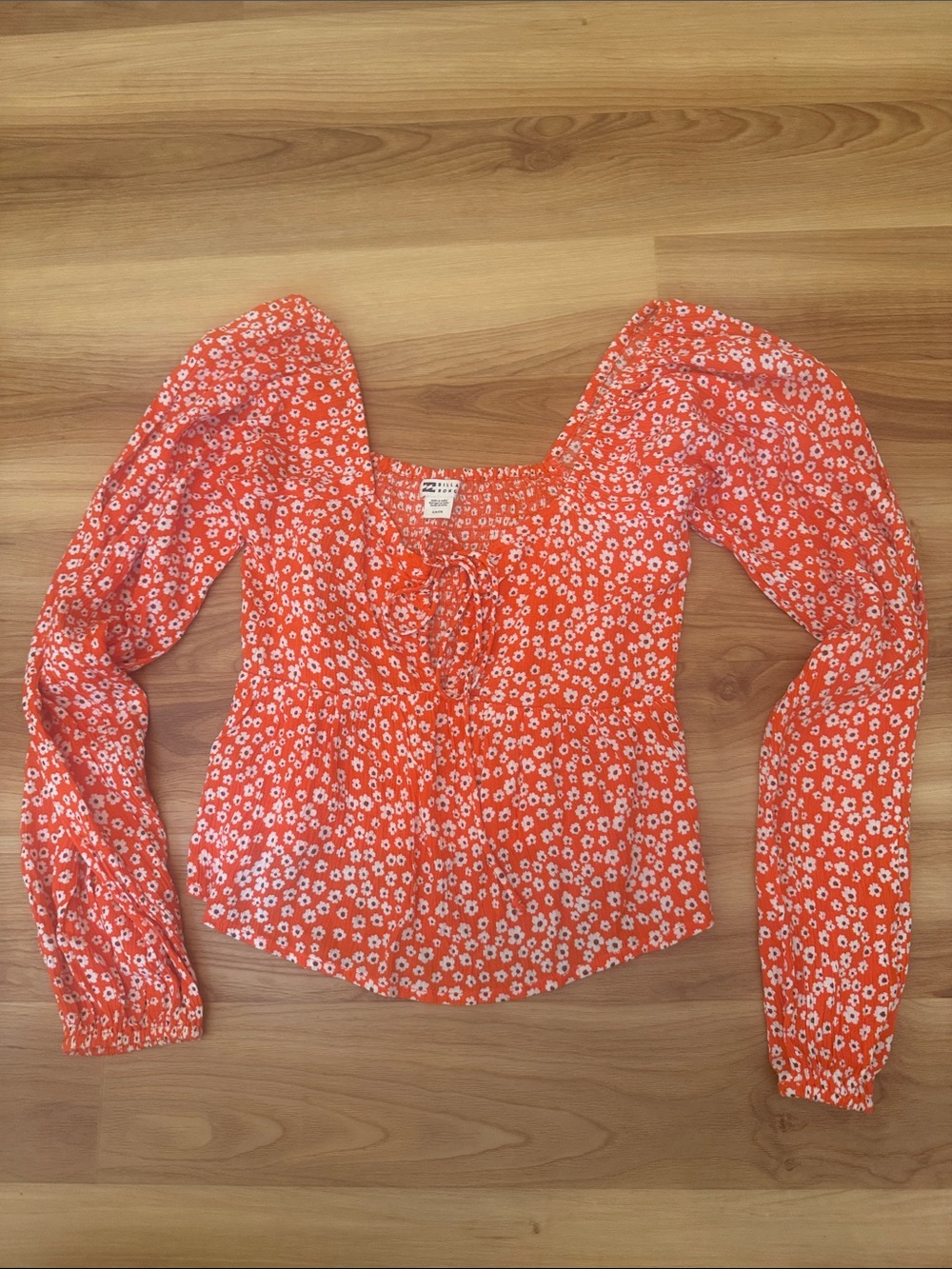Billabong Orange Floral Puff-Sleeve Peasant Blouse